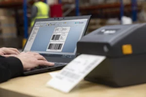 image of someone using bartender to print labels on a zebra thermal printer