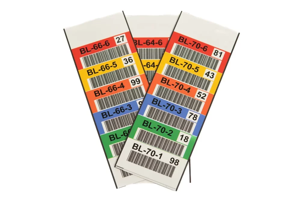 magnetic totem labels with text, barcodes and different colors