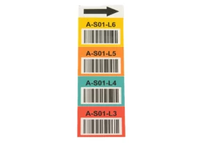 magnetic totem labels with text, arrows and, barcodes