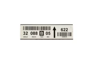magnetic rack label with text, arrows and a barcode
