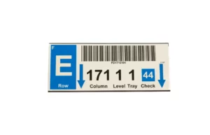 magnetic rack labels with text, arrows and a barcode