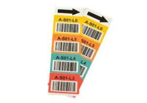 magnetic totem labels with an arrow, barcodes, and text