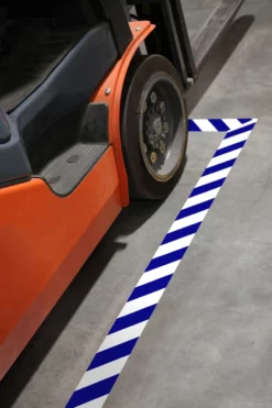 Mighty Line 6" White Tape with Blue Chevrons - 100' Roll