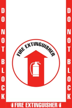 Do Not Block Fire Extinguisher Floor Marking, OSHA Compliance Kit. 16" sign, 2" wide tape, 24"x36" Wide Shape.