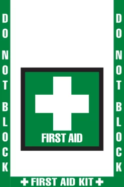Do Not Block First Aid Floor Marking, OSHA Compliance Kit. 16" sign, 2" wide tape, 24"x36" Wide Shape.