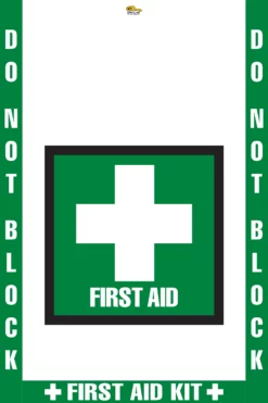 Do Not Block First Aid Floor Marking, OSHA Compliance Kit. 16" sign, 2" wide tape, 24"x36" Wide Shape.