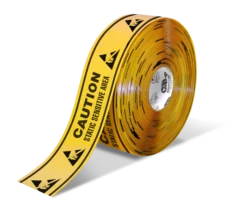 CAUTION STATIC SENSITIVE AREA Mighty Line Repeating Message Floor Tape, 3" Wide, 100' Long Rolls