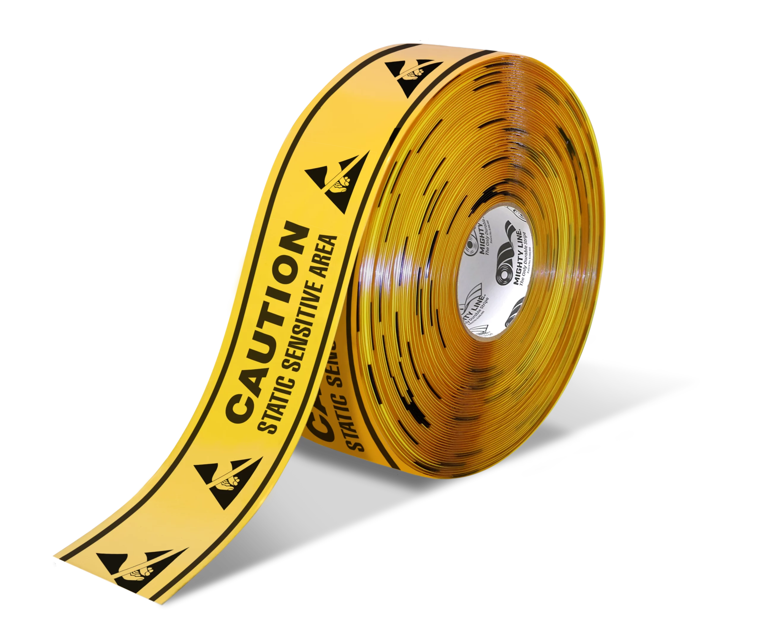 CAUTION STATIC SENSITIVE AREA Mighty Line Repeating Message Floor Tape, 3" Wide, 100' Long Rolls